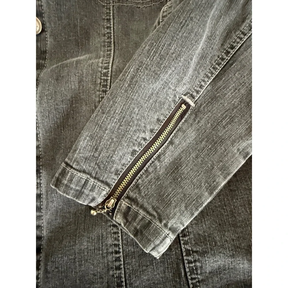 Harley Davidson‎ Y2K Women's Gray Denim Jacket Embroidered Wings & Logo Size 1W